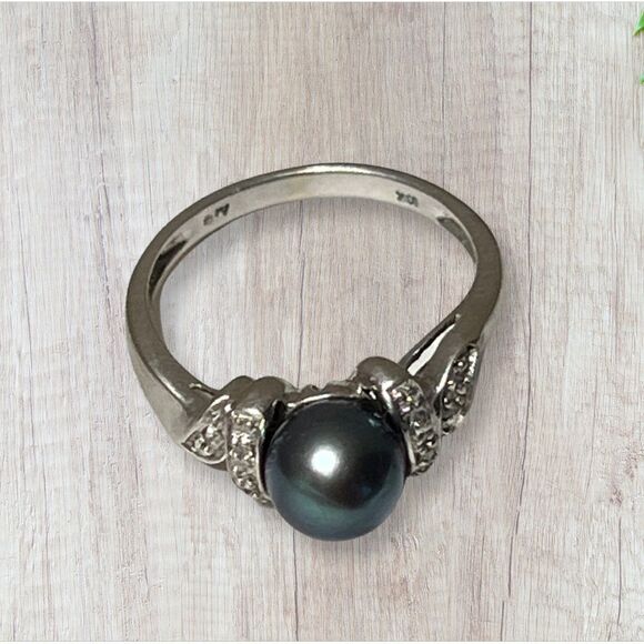 10k White Gold 9mm Grey Tahitian Pearl and Diamond Ring - Picture 3 of 15